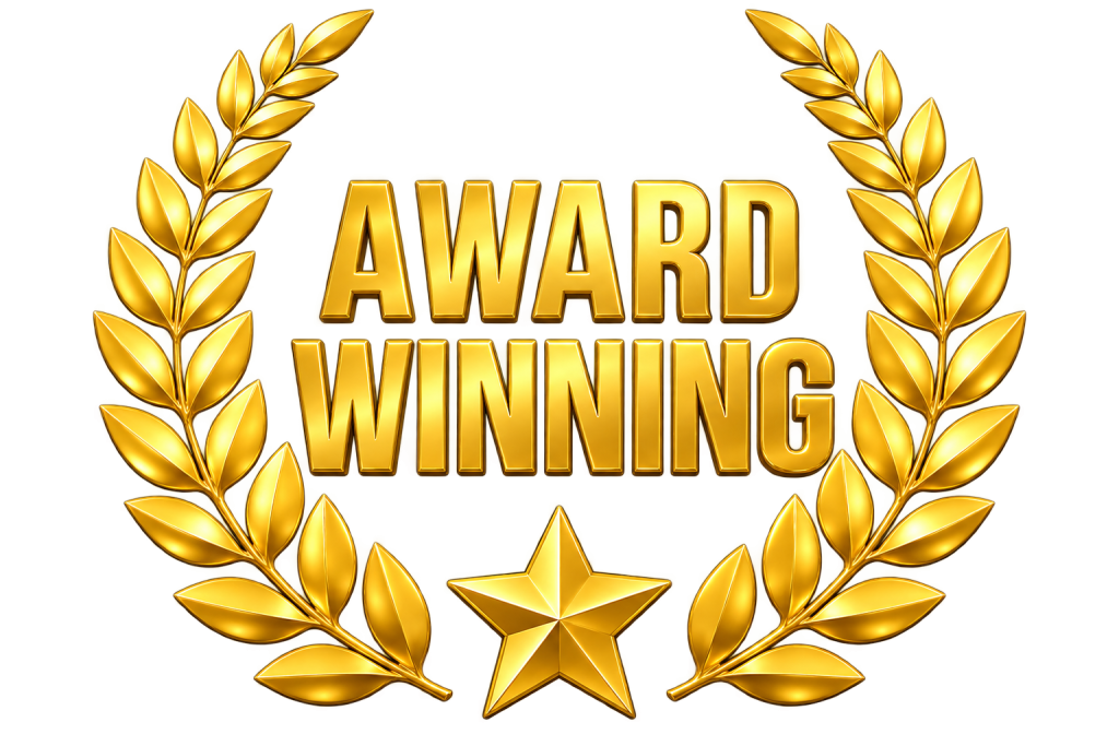 Gold laurel wreath and star surrounding the words AWARD WINNING in bold gold letters on a white background.