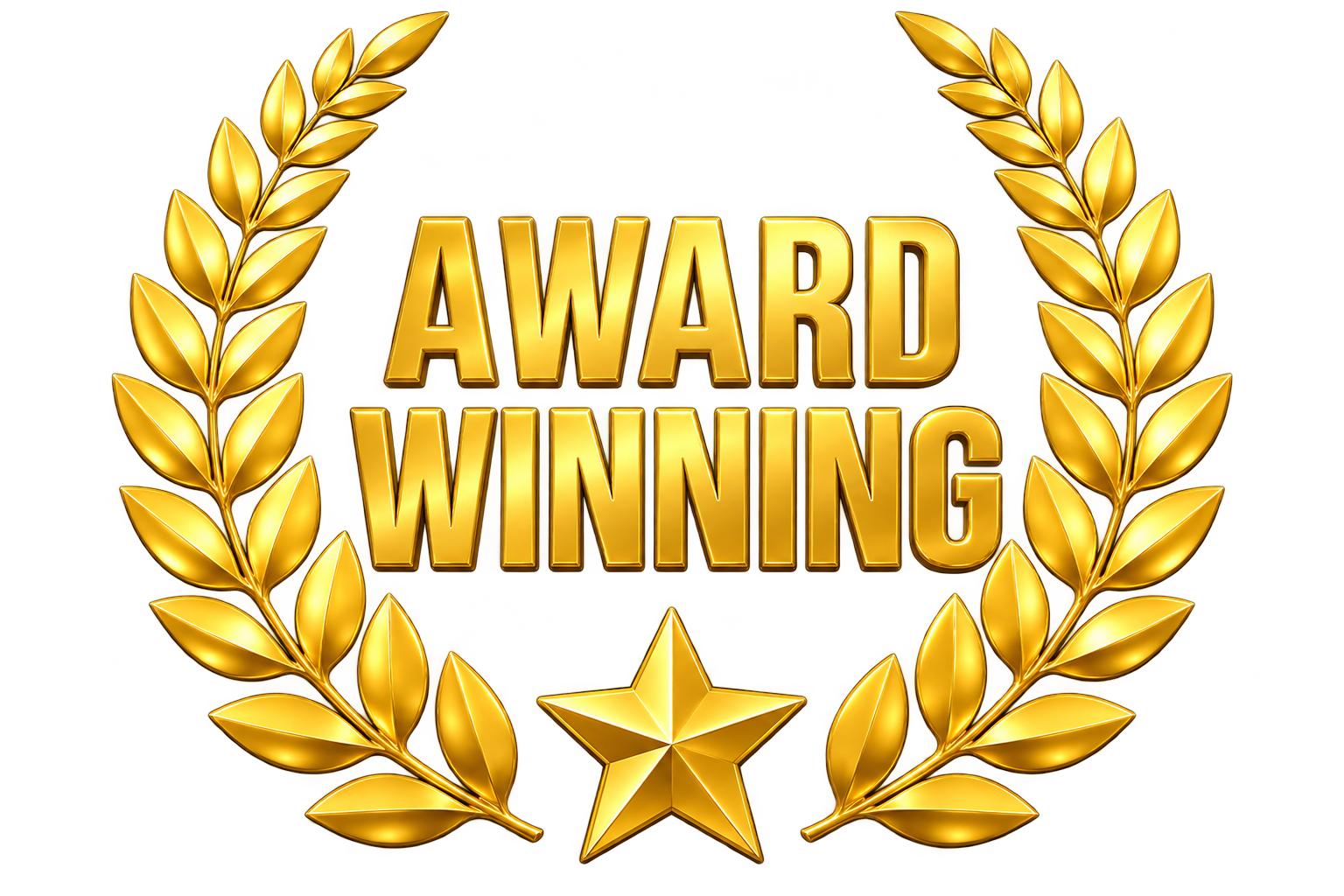 Gold laurel wreath and star surrounding the words AWARD WINNING in bold gold letters on a white background.