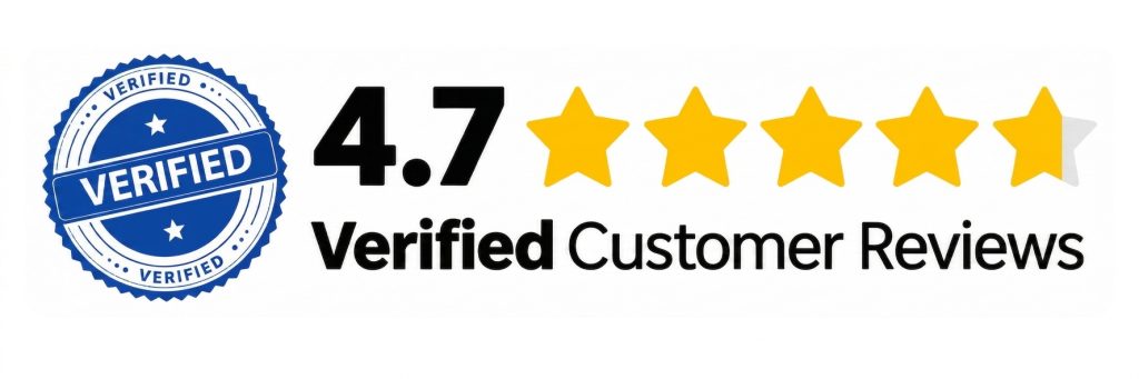 Blue verified badge, 4.7 rating, four and a half gold stars, and the text Verified Customer Reviews in black.