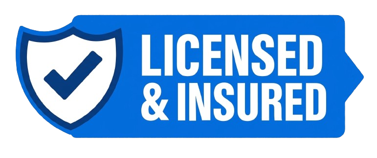 Blue badge with a white shield and checkmark icon, next to the text LICENSED INSURED in bold white letters.